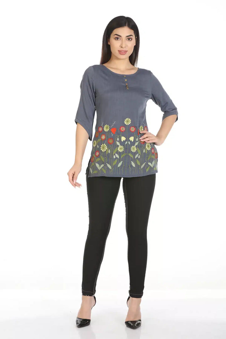 Blue Embroidered Cotton Top