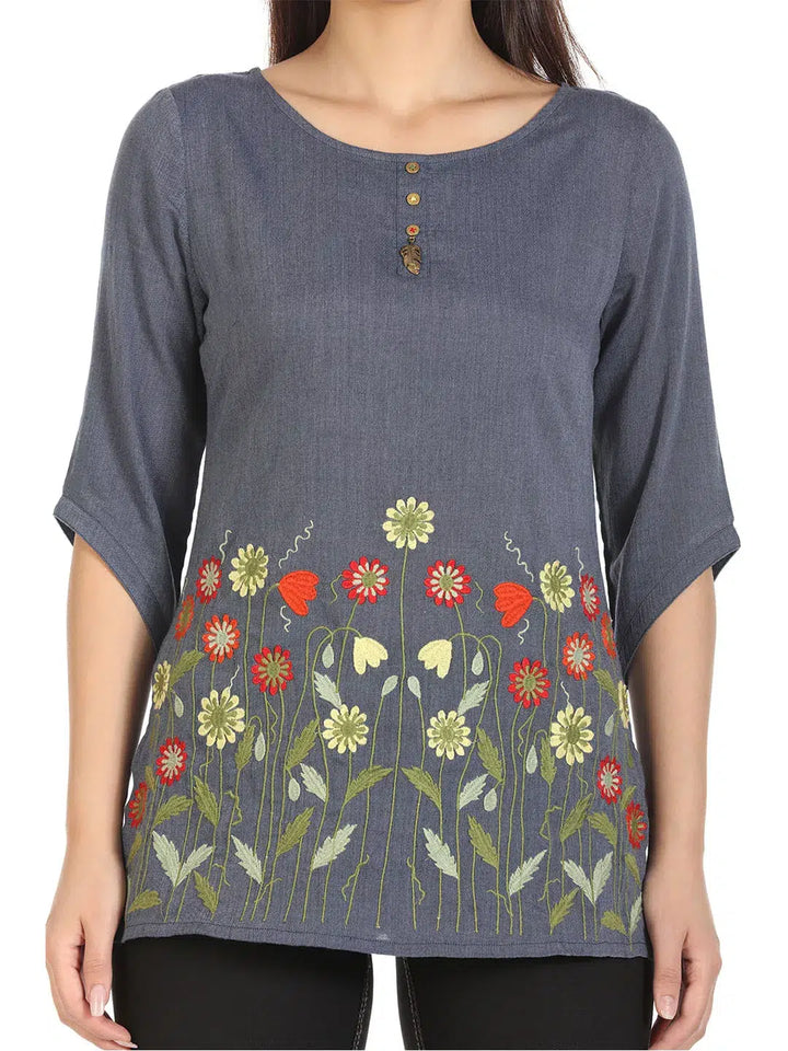 Blue Embroidered Cotton Top
