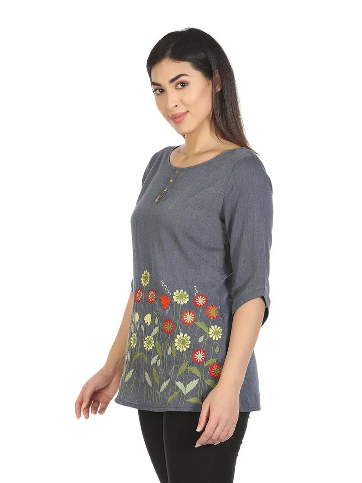 Blue Embroidered Cotton Top