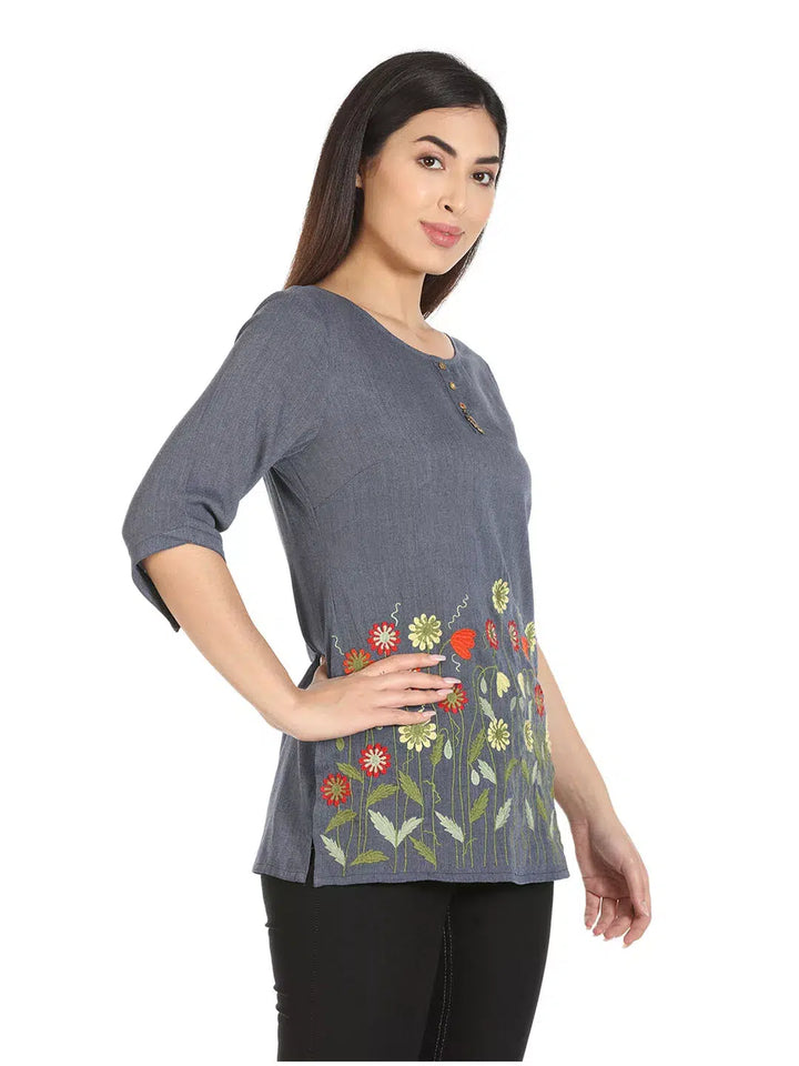 Blue Embroidered Cotton Top