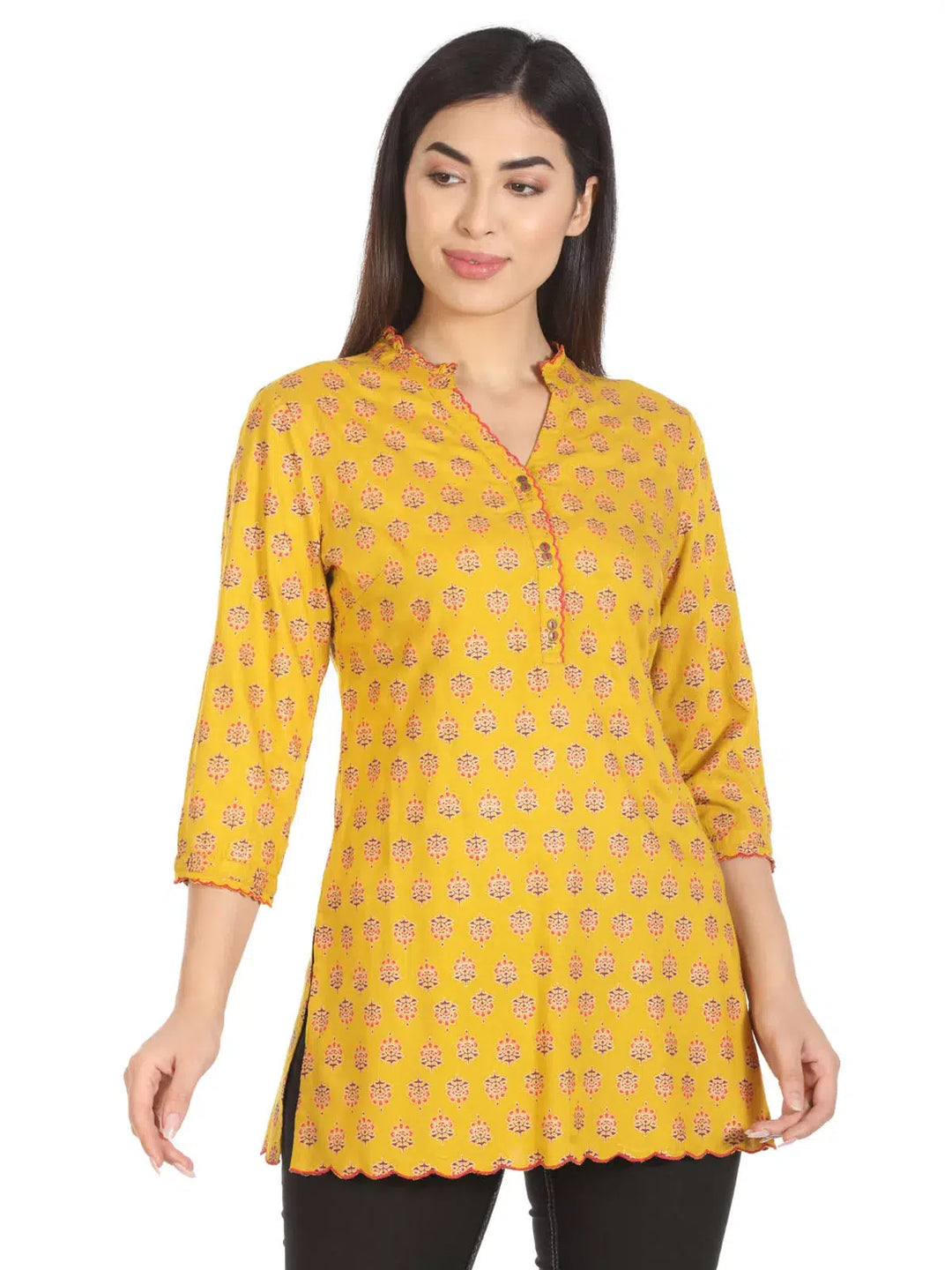Yellow Printed Rayon Kurti
