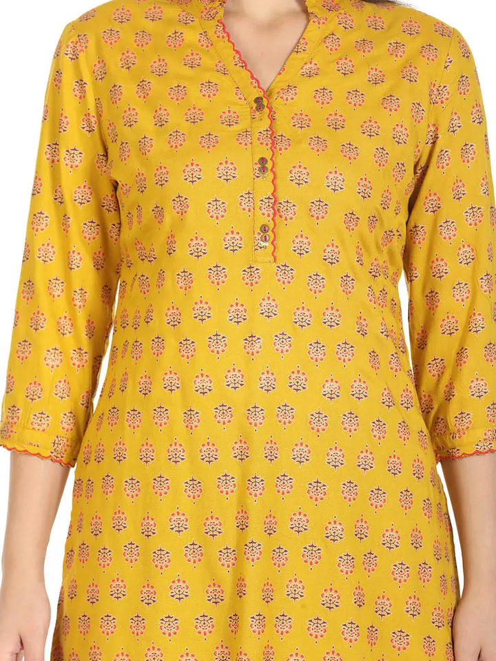 Yellow Printed Rayon Kurti