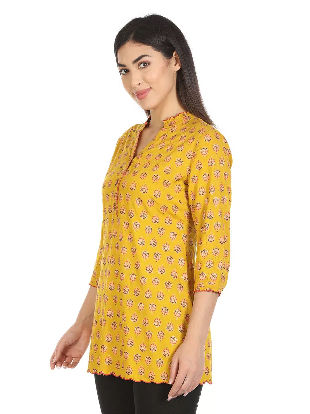 Yellow Printed Rayon Kurti