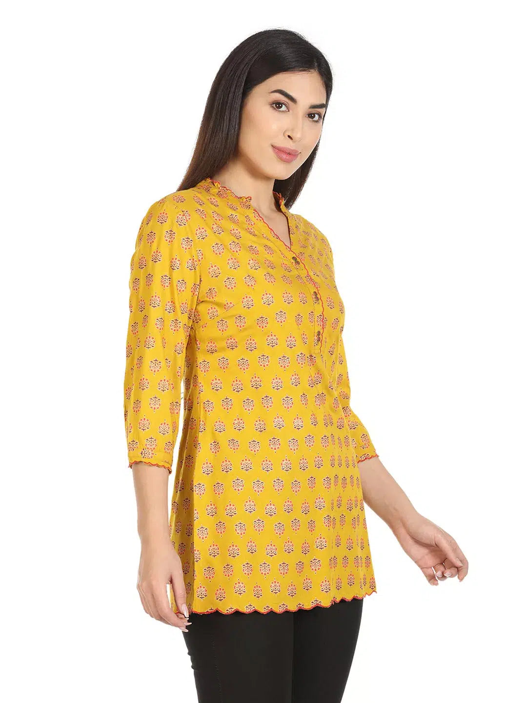 Yellow Printed Rayon Kurti
