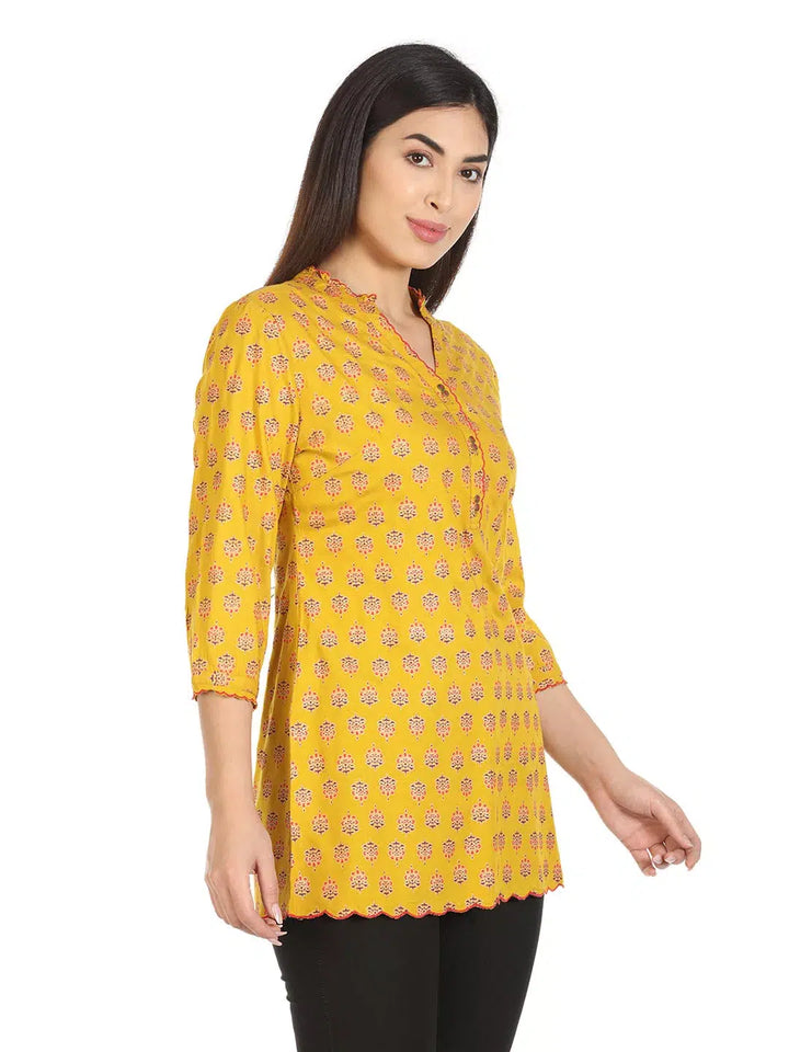 Yellow Printed Rayon Kurti