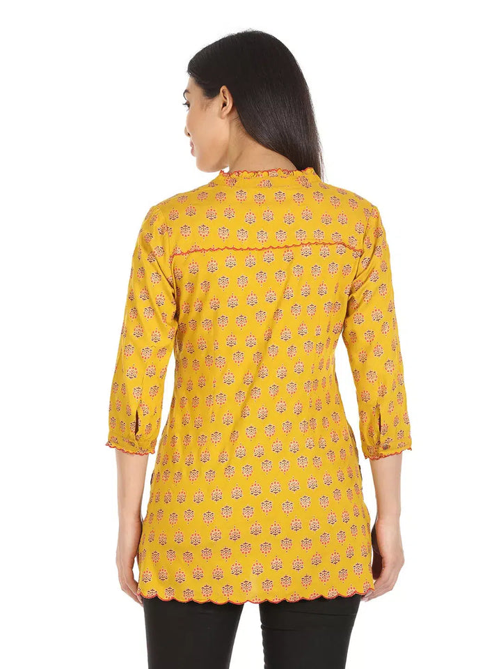 Yellow Printed Rayon Kurti