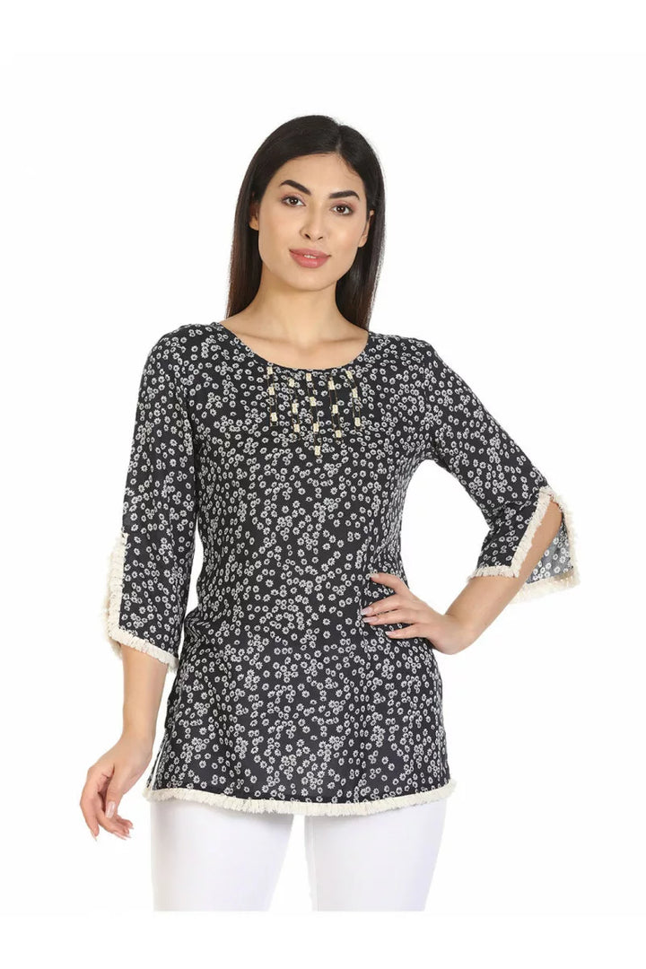 Navy Printed Viscose Top