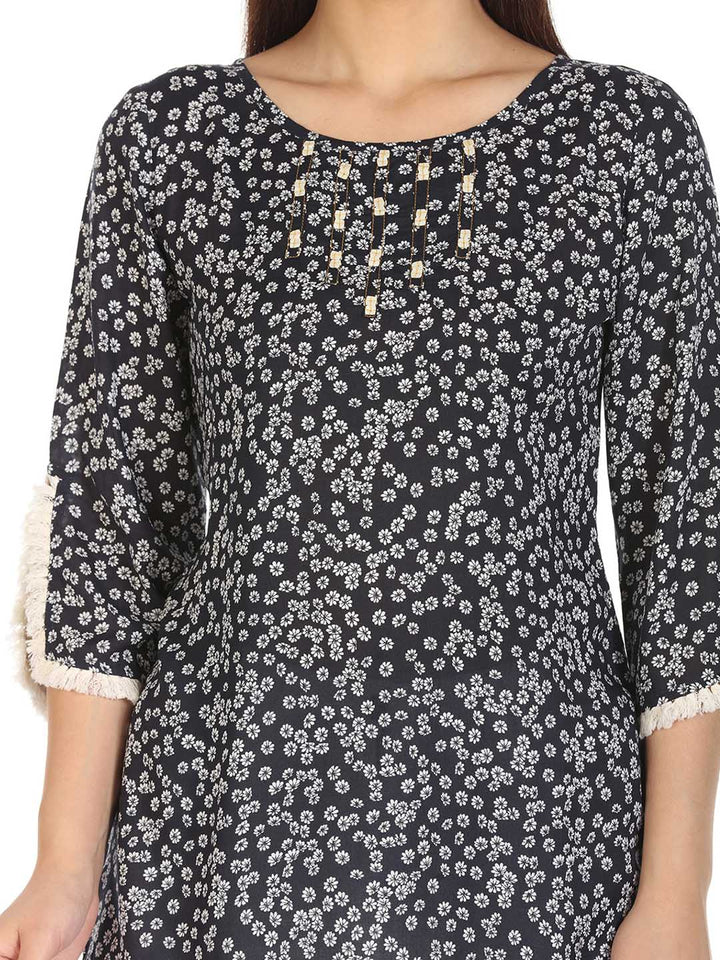 Navy Printed Viscose Top