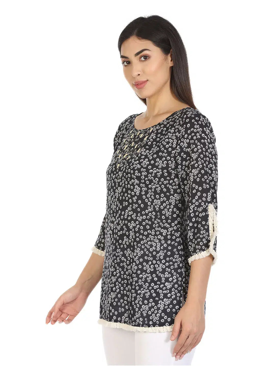 Navy Printed Viscose Top