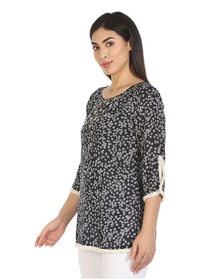 Navy Printed Viscose Top