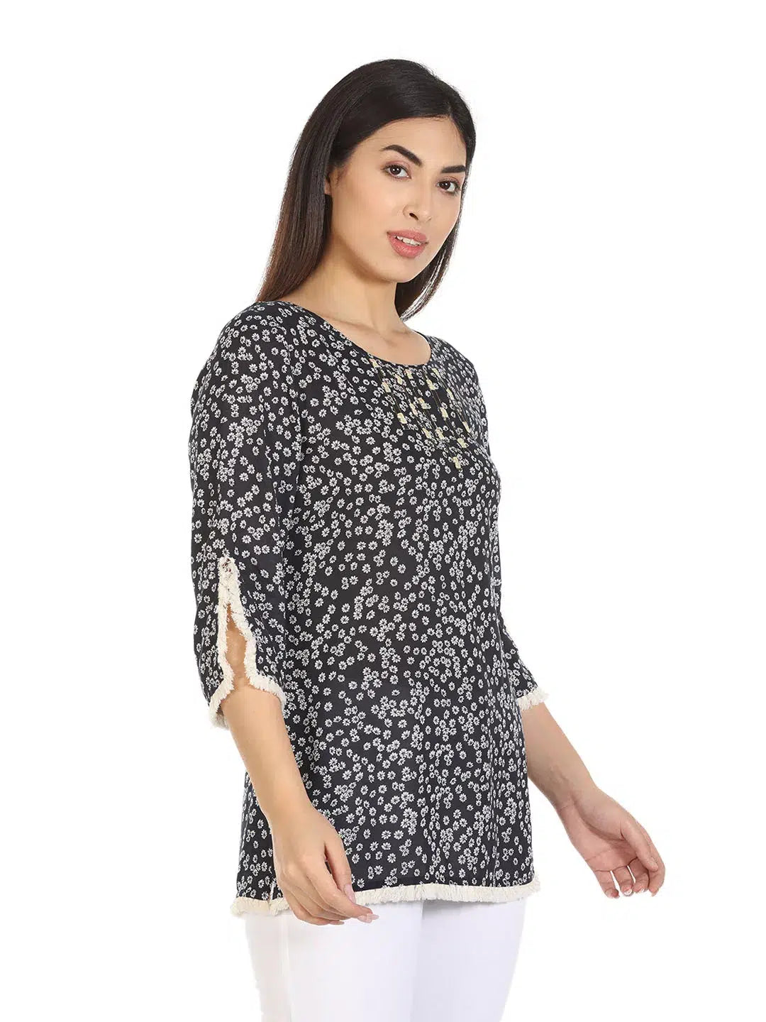Navy Printed Viscose Top