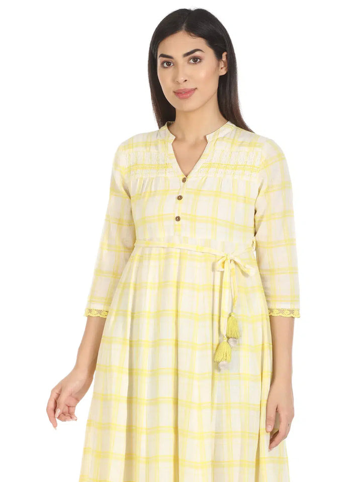 White and Yellow Checkered Cotton Maxi Dress