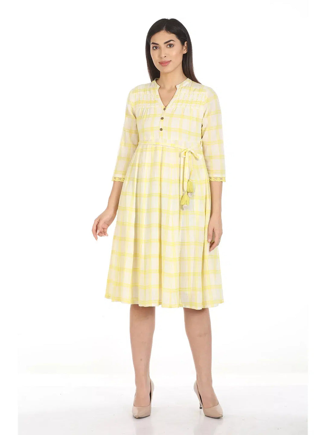 White and Yellow Checkered Cotton Maxi Dress