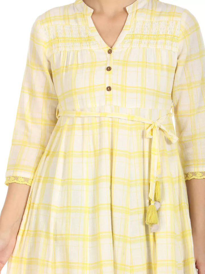 White and Yellow Checkered Cotton Maxi Dress