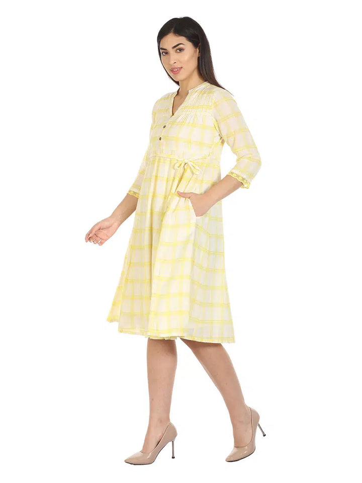 White and Yellow Checkered Cotton Maxi Dress