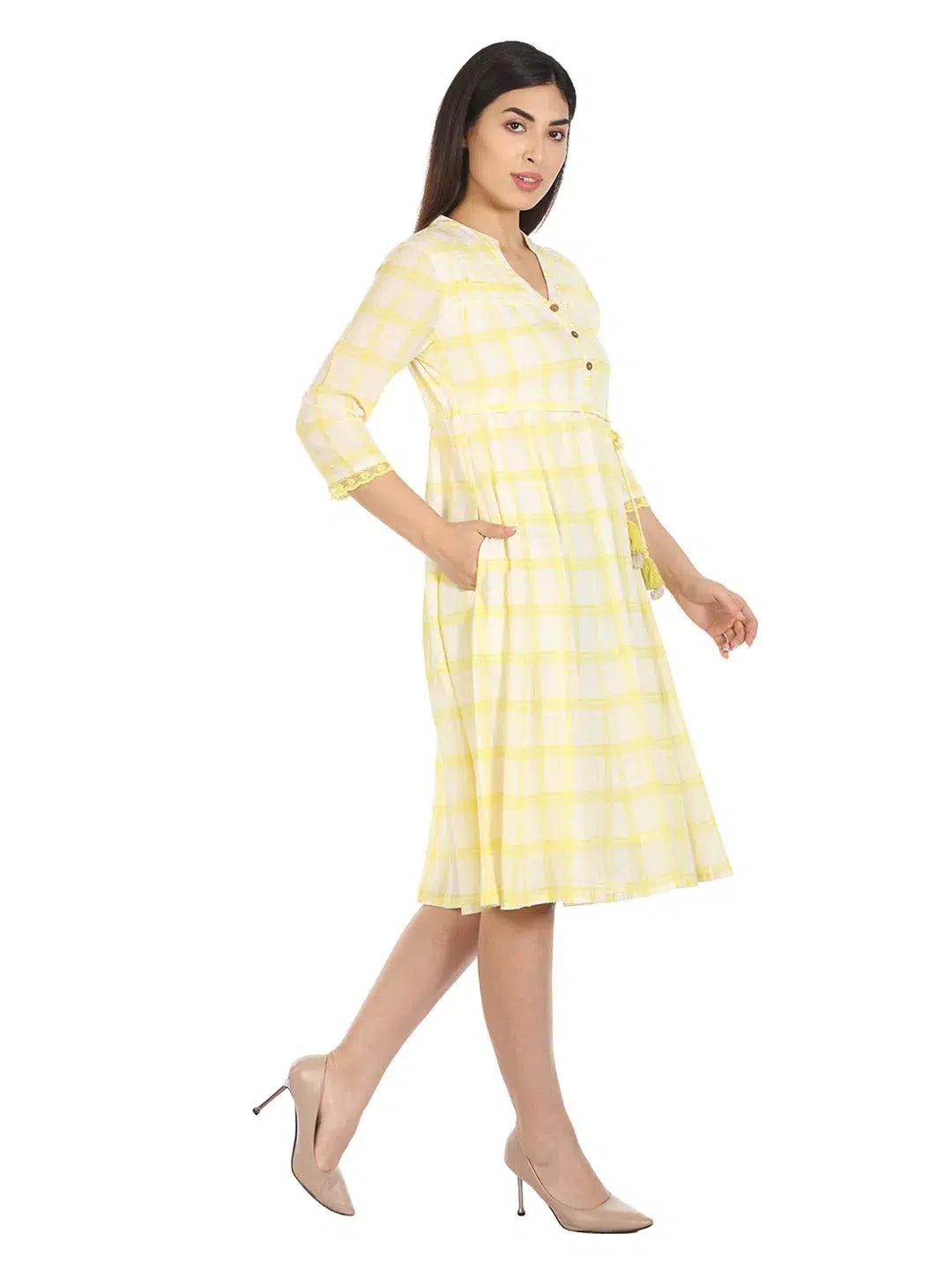 White and Yellow Checkered Cotton Maxi Dress