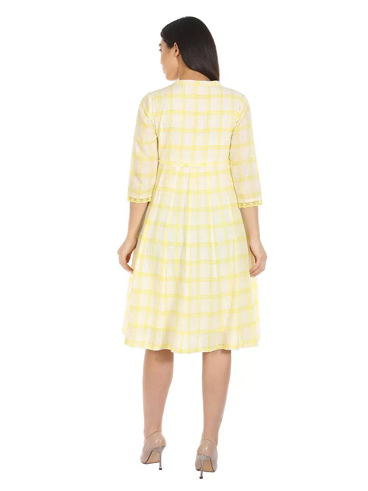 White and Yellow Checkered Cotton Maxi Dress