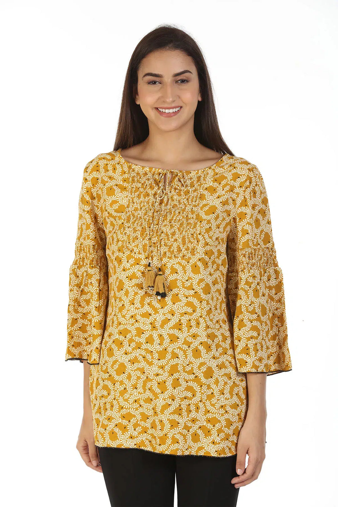 Moss Crew Printed Top with Jewel Neck (Mustard)