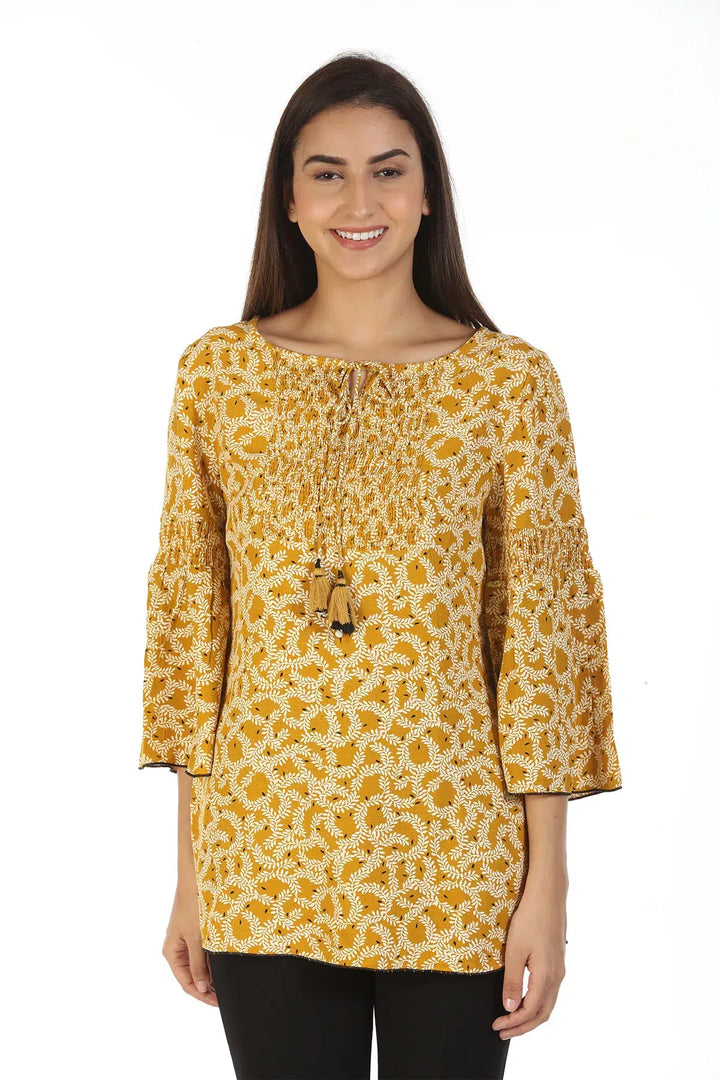 Moss Crew Printed Top with Jewel Neck (Mustard)