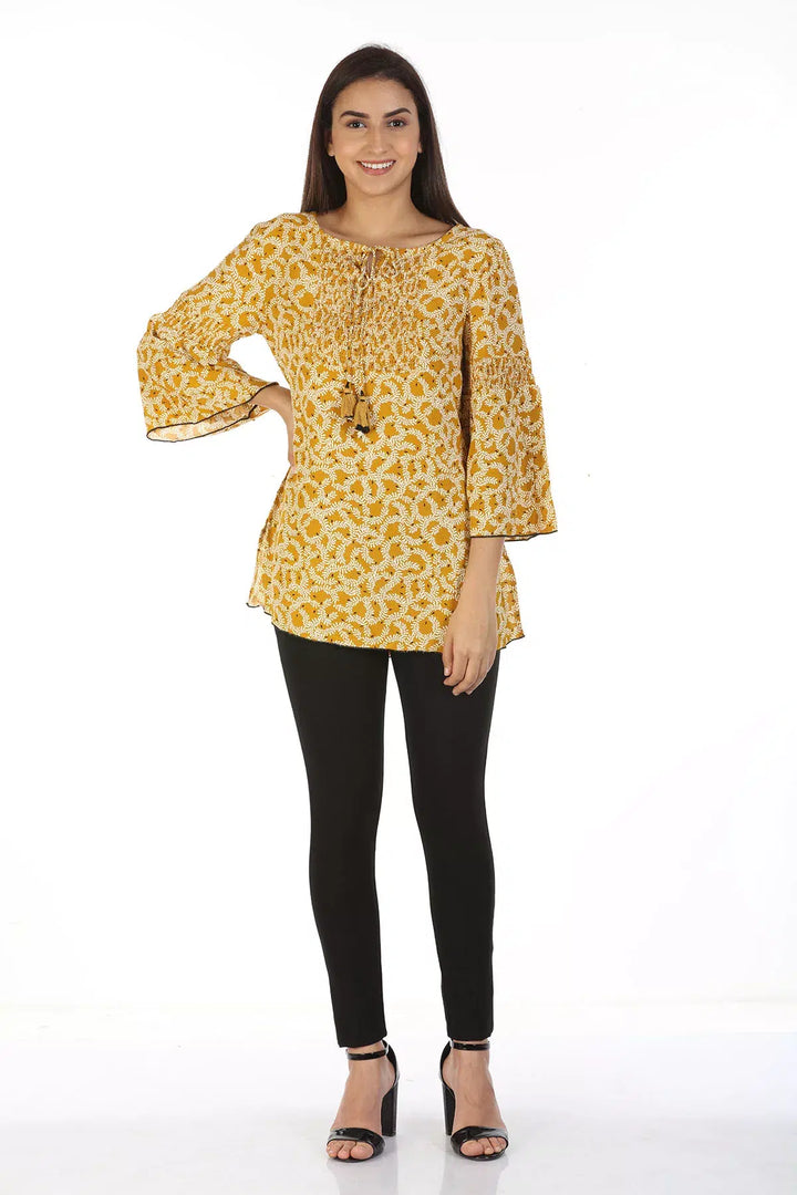 Moss Crew Printed Top with Jewel Neck (Mustard)