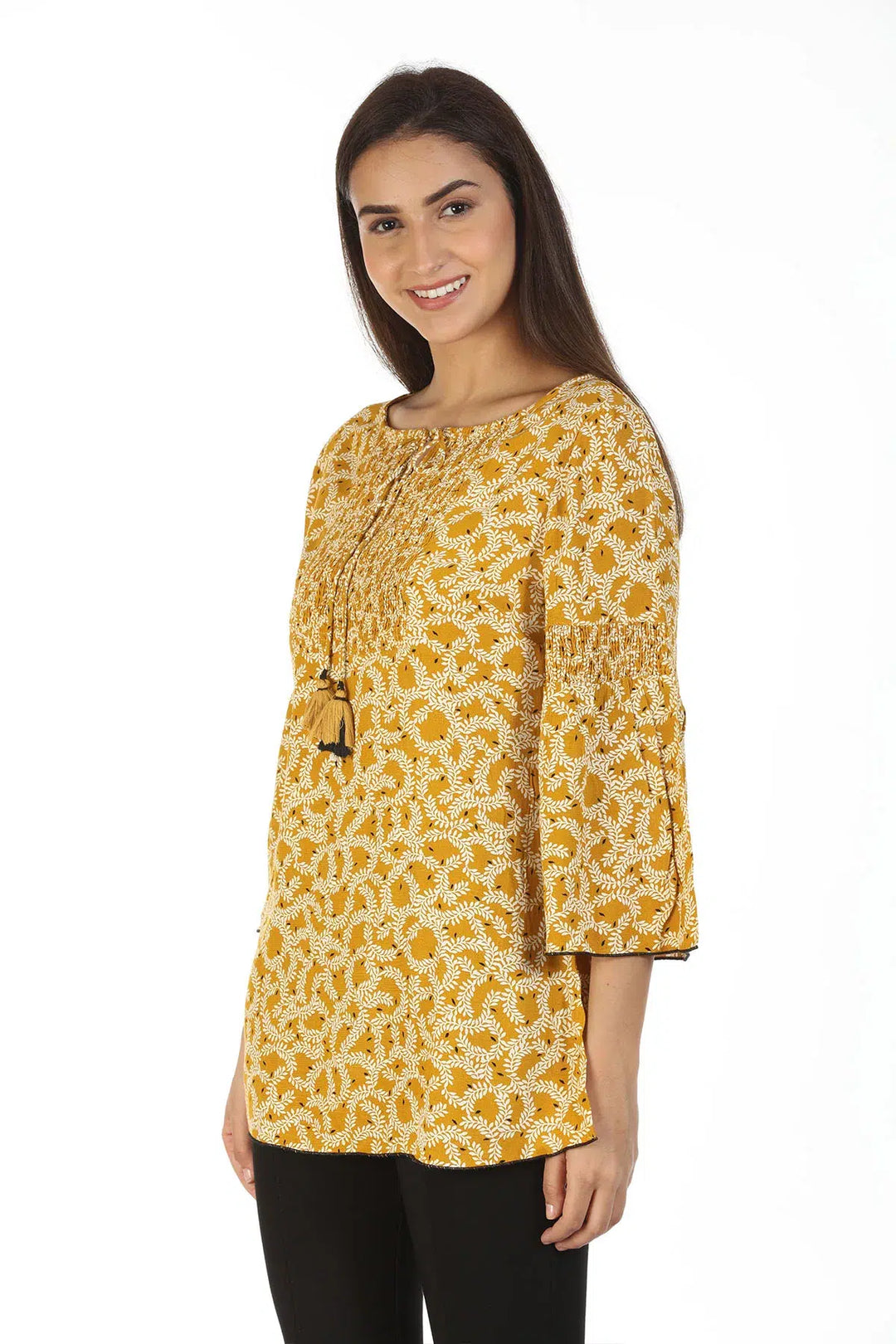 Moss Crew Printed Top with Jewel Neck (Mustard)