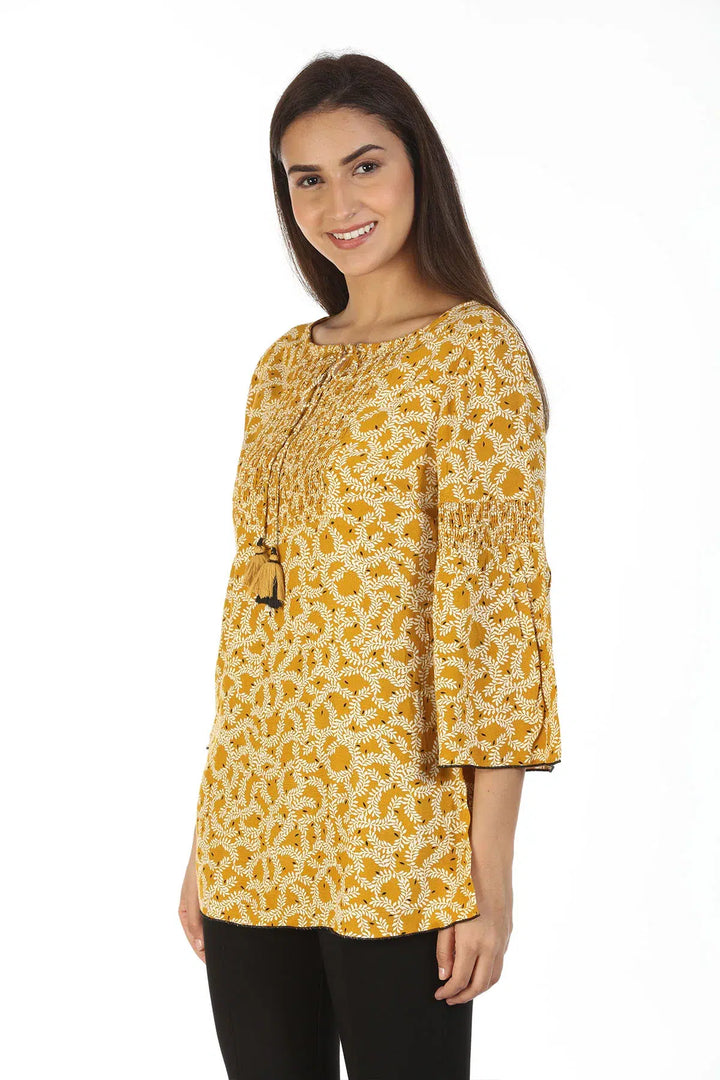 Moss Crew Printed Top with Jewel Neck (Mustard)