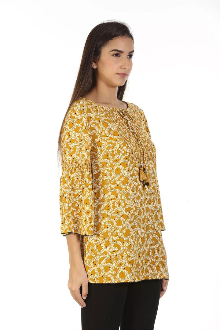 Moss Crew Printed Top with Jewel Neck (Mustard)