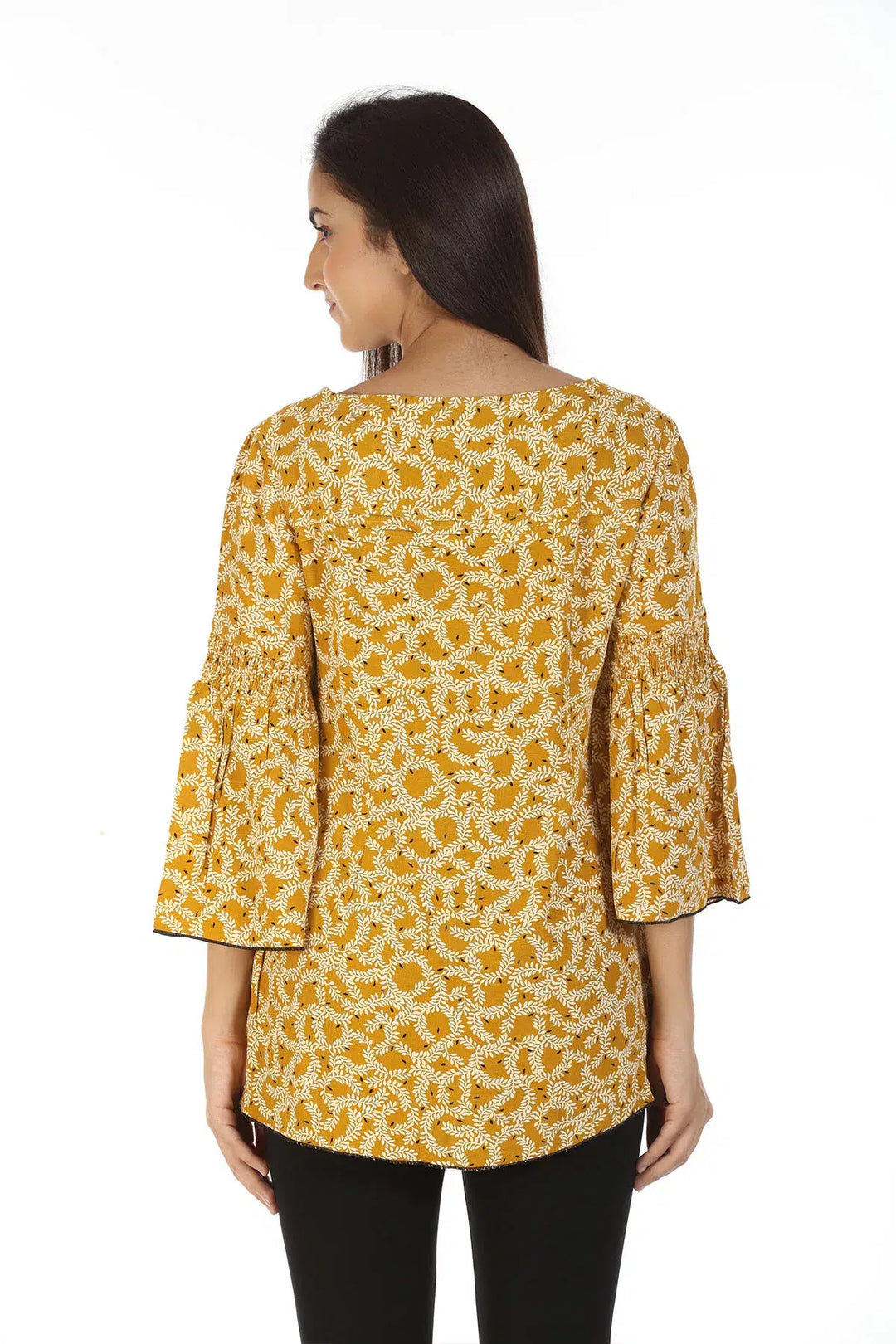 Moss Crew Printed Top with Jewel Neck (Mustard)