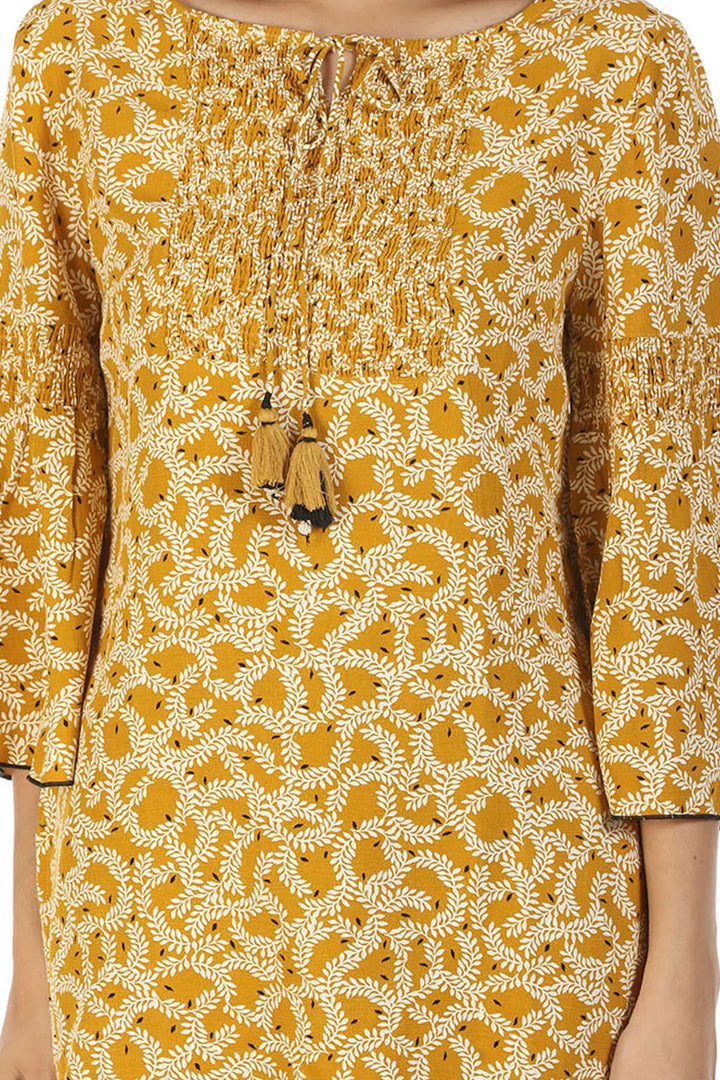 Moss Crew Printed Top with Jewel Neck (Mustard)