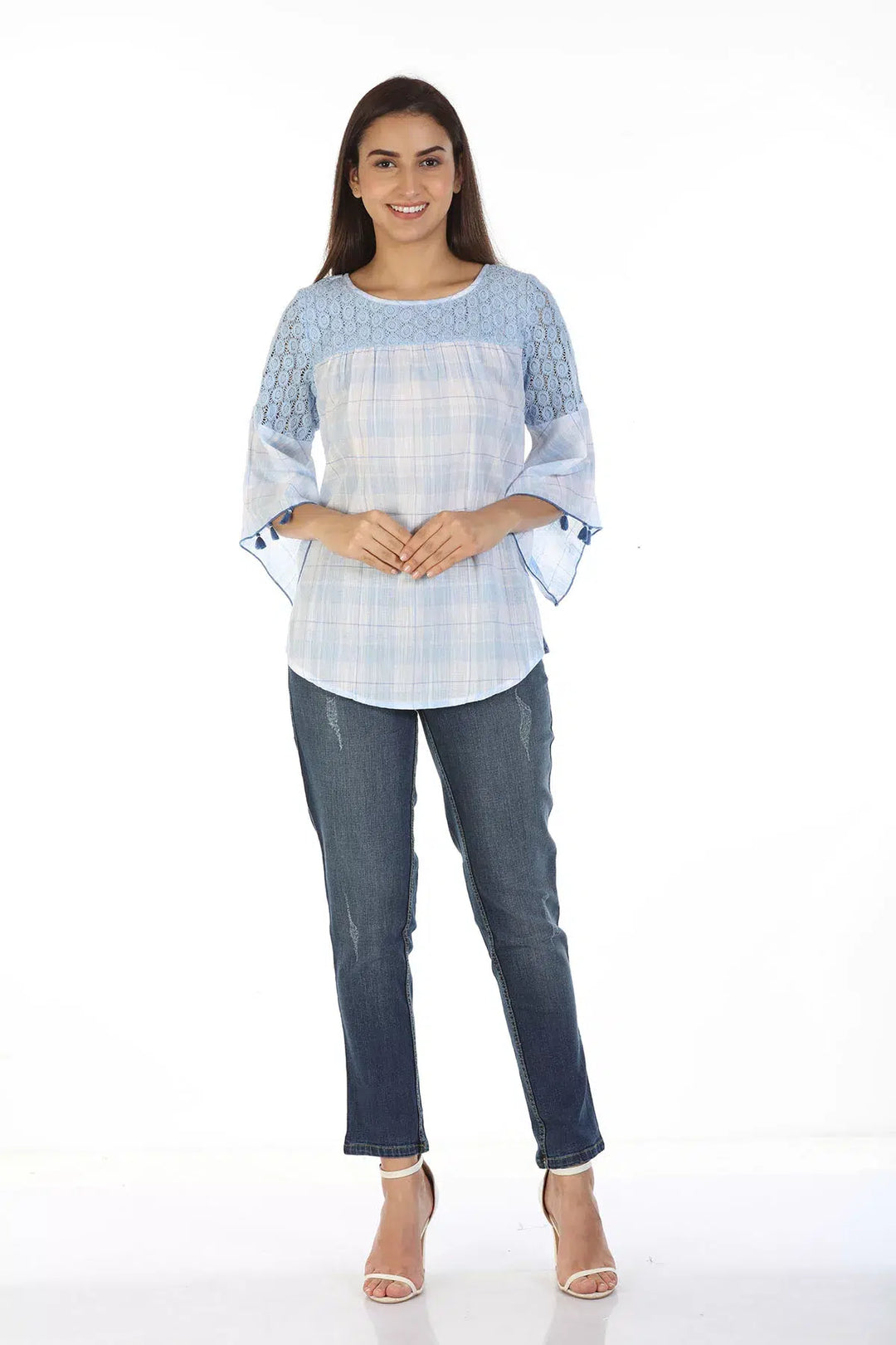 Cotton Checkered Top with Bell Sleeves (Ice Blue)