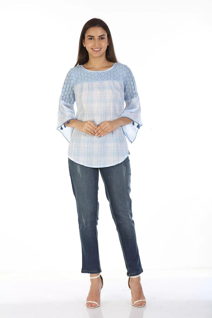 Cotton Checkered Top with Bell Sleeves (Ice Blue)