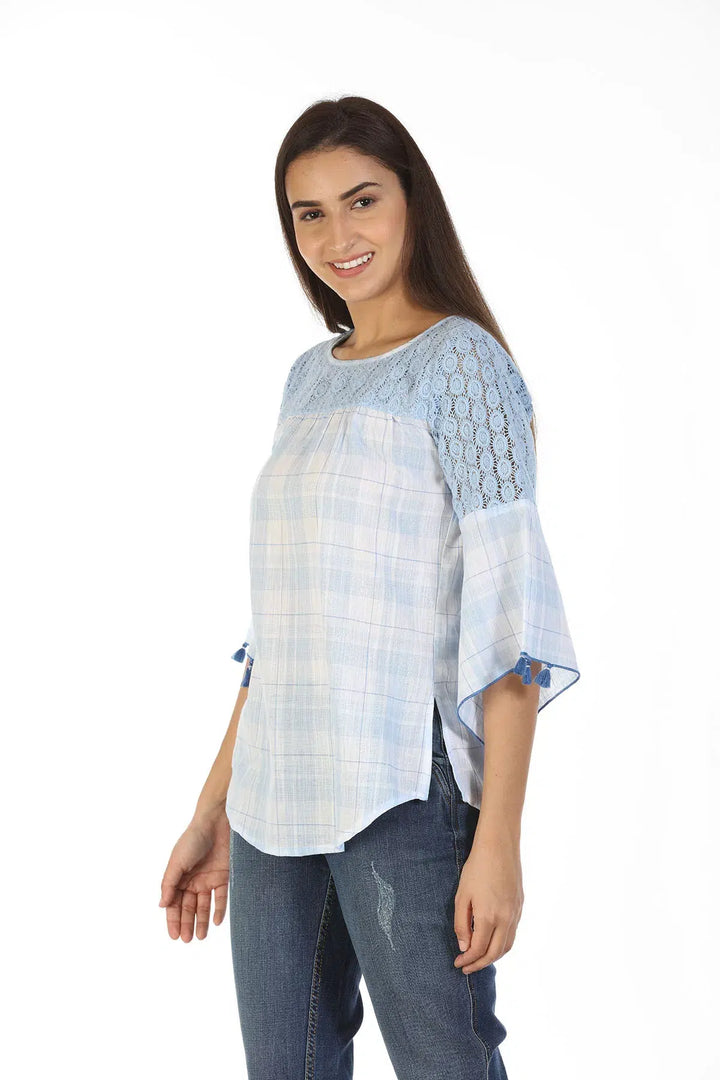 Cotton Checkered Top with Bell Sleeves (Ice Blue)