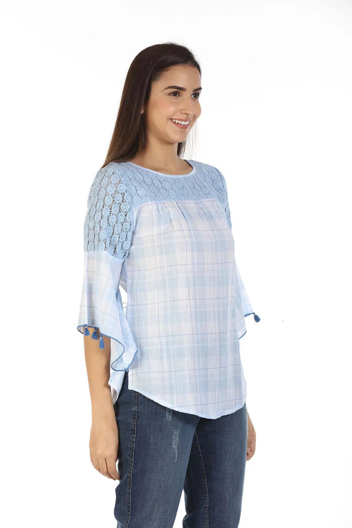 Cotton Checkered Top with Bell Sleeves (Ice Blue)