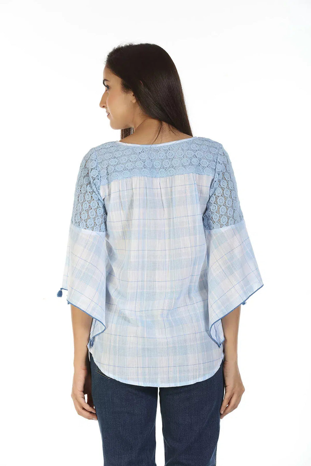 Cotton Checkered Top with Bell Sleeves (Ice Blue)