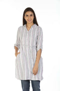 Cotton Striped Top with Mandarin Collar (White)