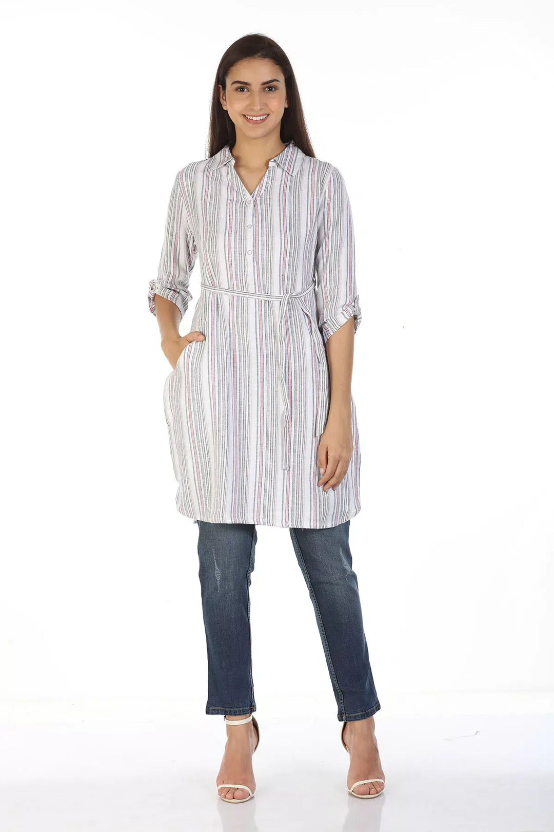 Cotton Striped Top with Mandarin Collar (White)