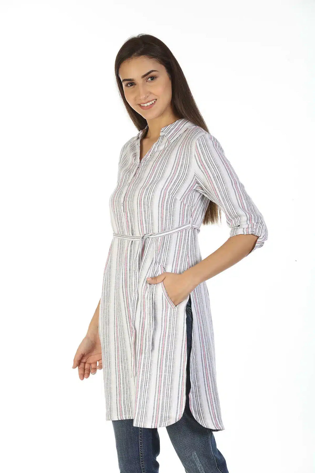 Cotton Striped Top with Mandarin Collar (White)
