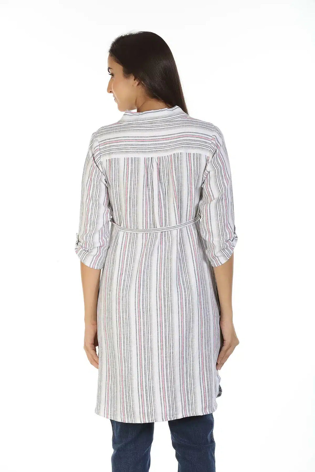 Cotton Striped Top with Mandarin Collar (White)