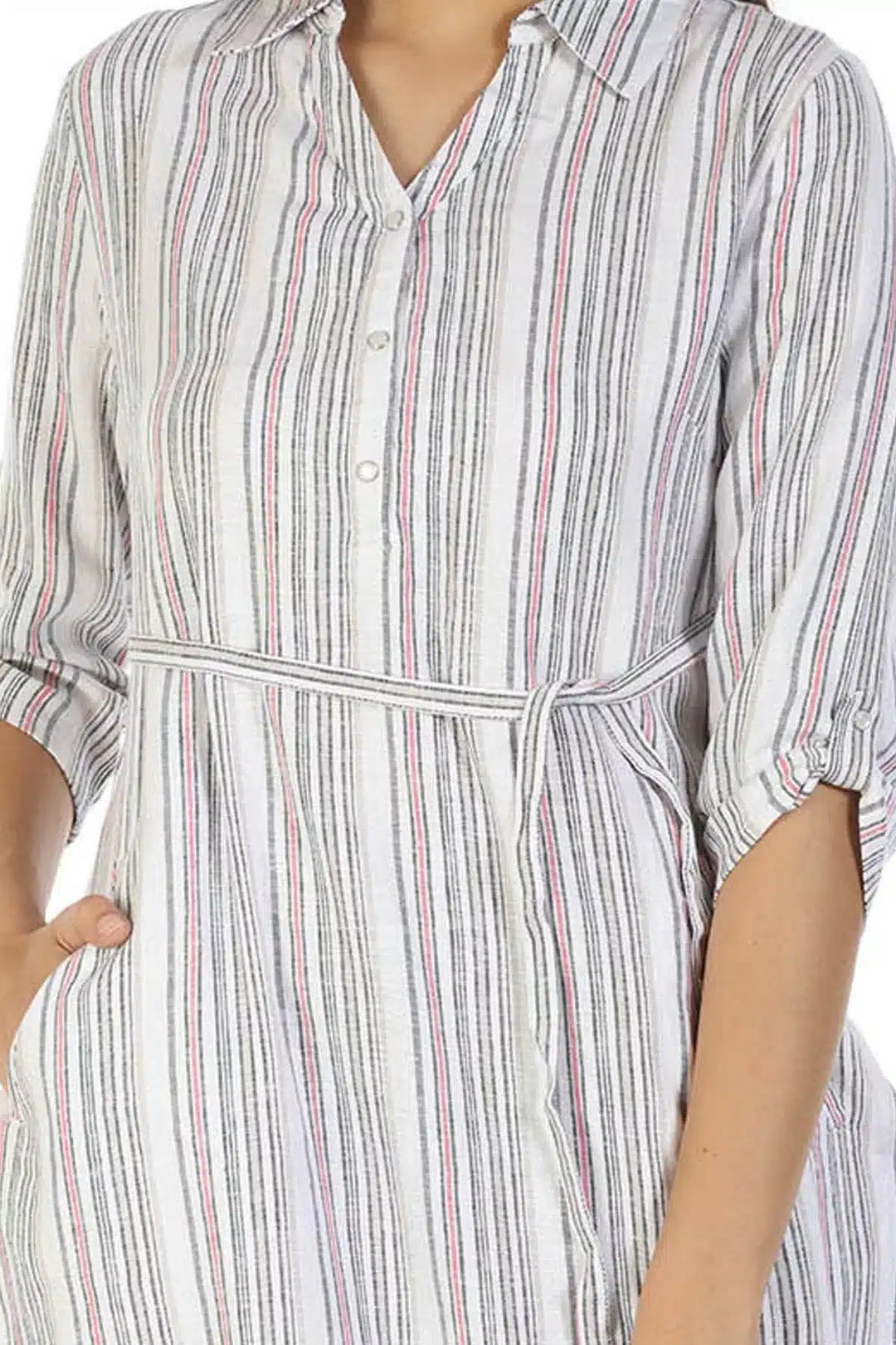 Cotton Striped Top with Mandarin Collar (White)