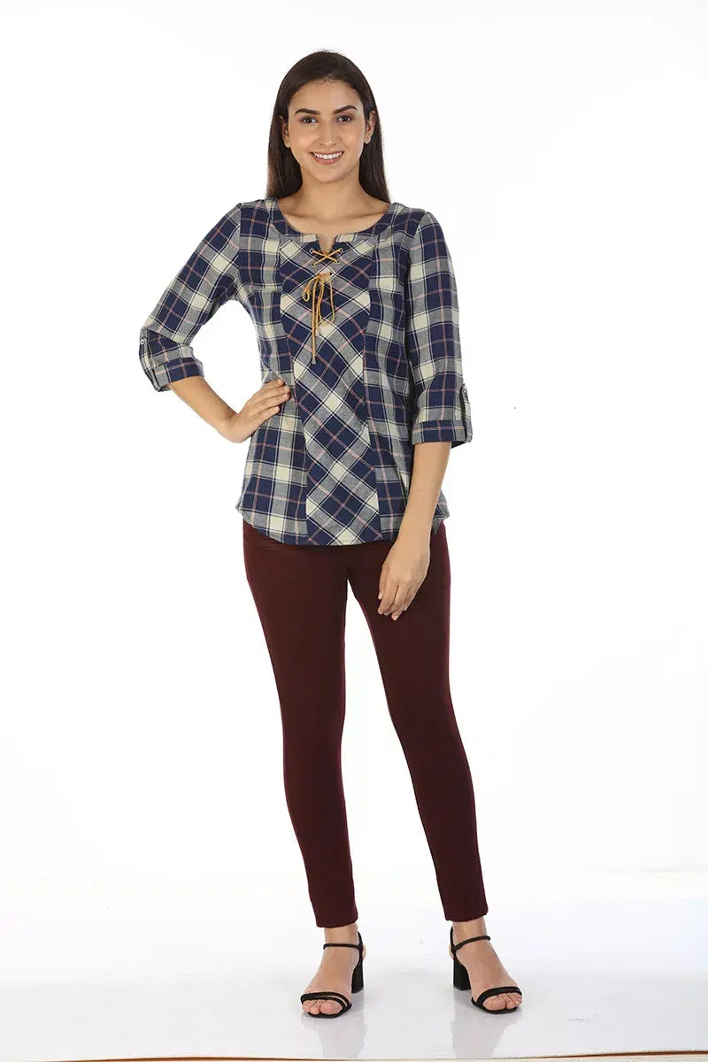 Blue Check Casual Top (Cotton)