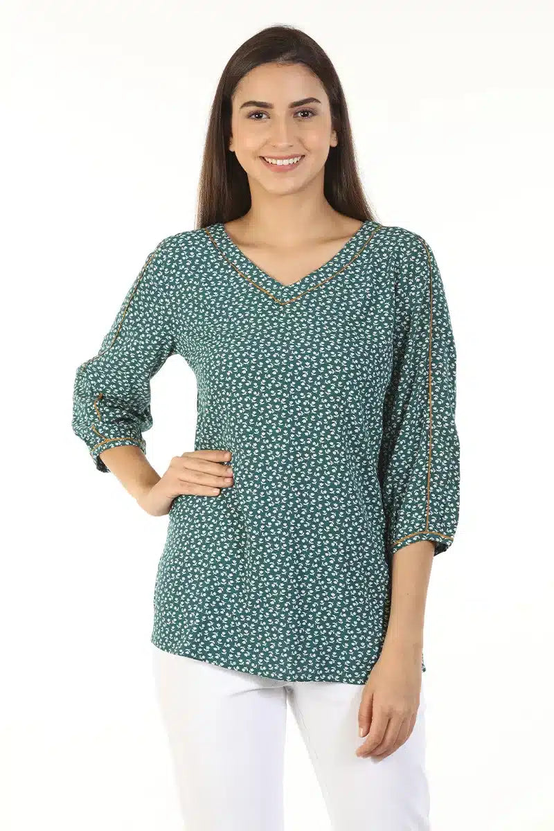 Green Floral V-Neck Casual Top