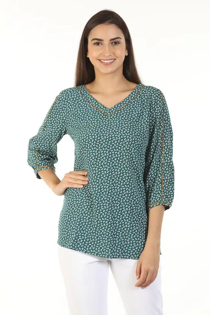 Green Floral V-Neck Casual Top