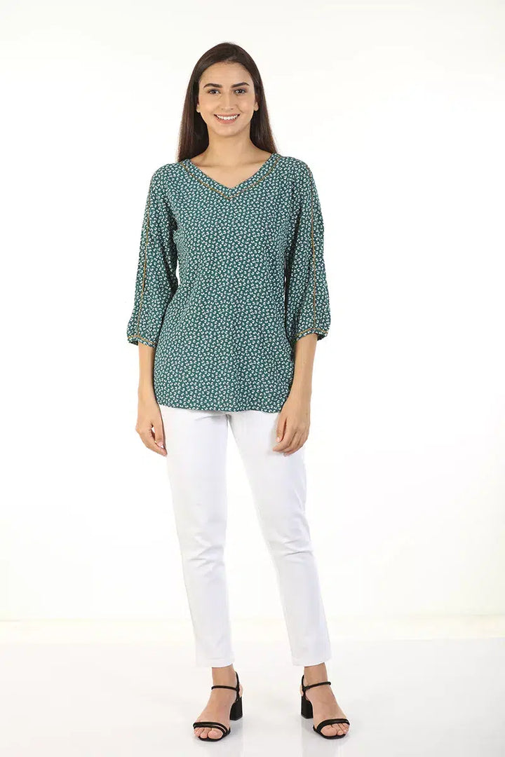Green Floral V-Neck Casual Top