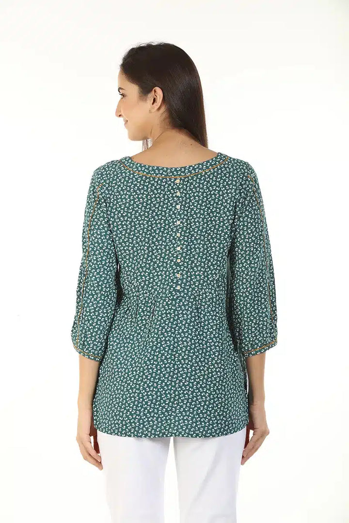 Green Floral V-Neck Casual Top