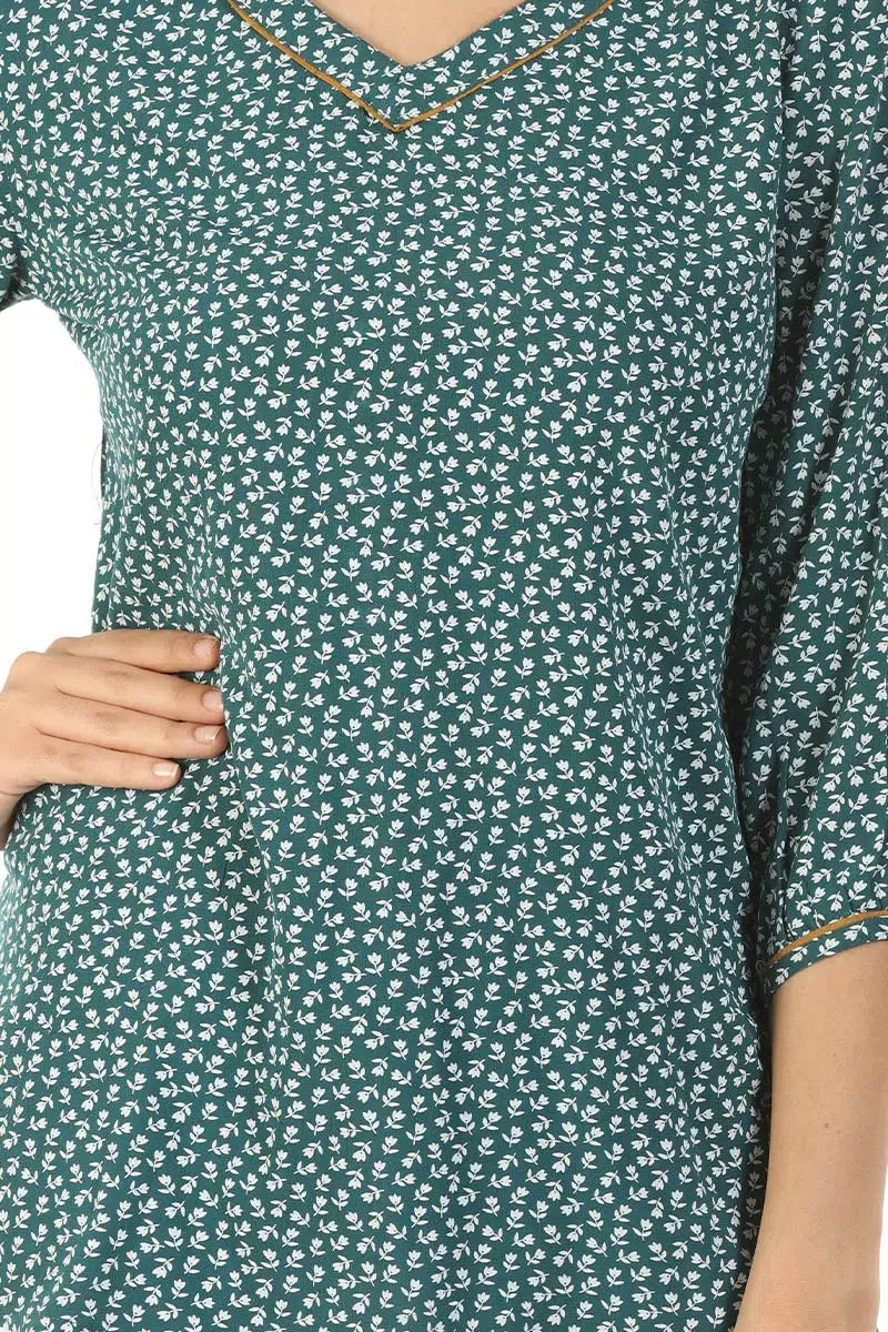 Green Floral V-Neck Casual Top