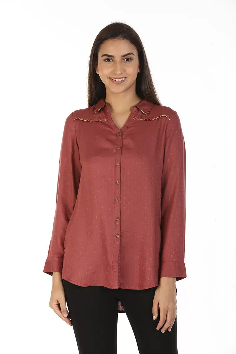 Rust High-Low Printed Shirt