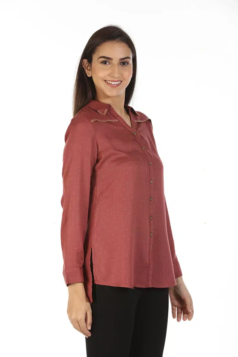 Rust High-Low Printed Shirt
