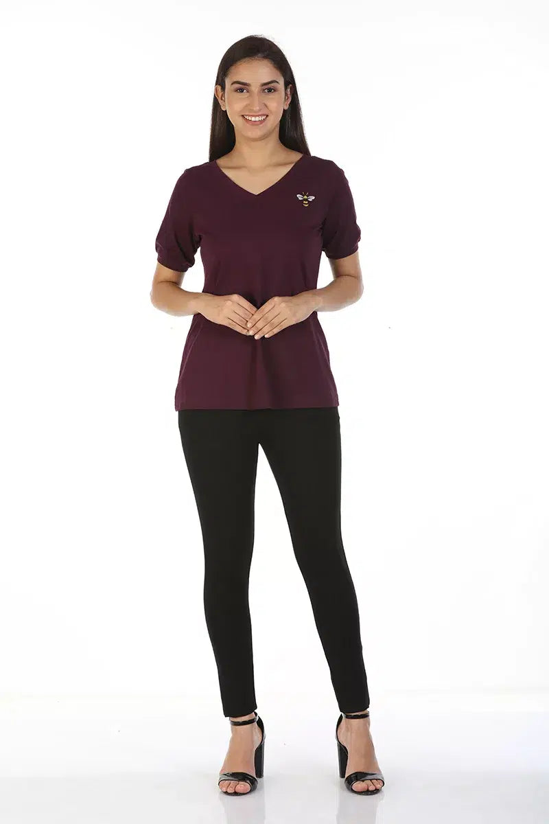 Purple Solid V-Neck Cotton Jersey