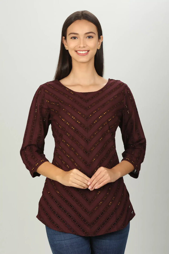 Brown Cotton Round Neck Top