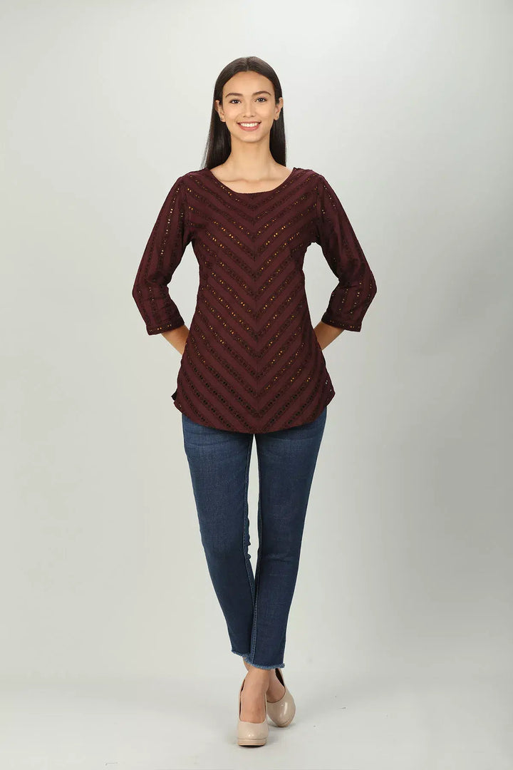 Brown Cotton Round Neck Top
